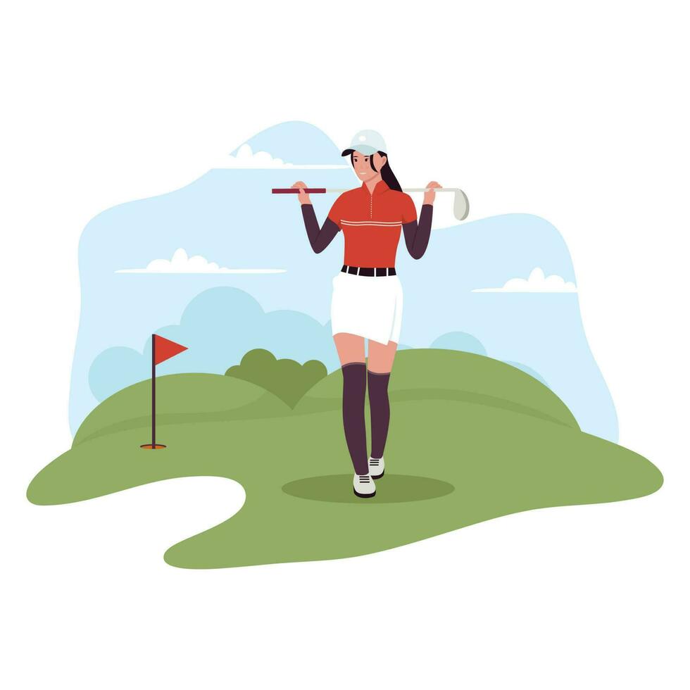 plano diseño de mujer jugando golf vector