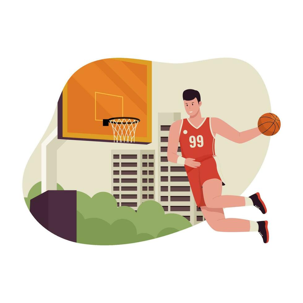 Basketball player jumping illustration concept. Illustration for website, landing page, mobile app, poster and banner. Trendy flat vector illustration