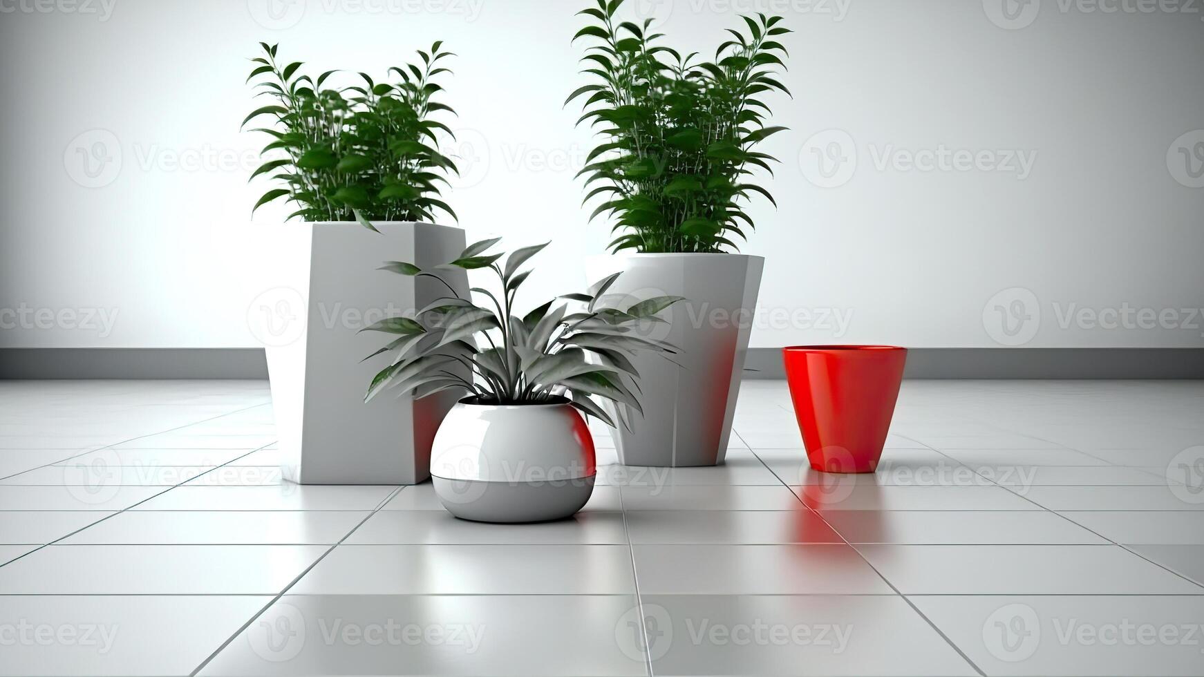 3d realistic room interior with potted plants on the floor. . photo