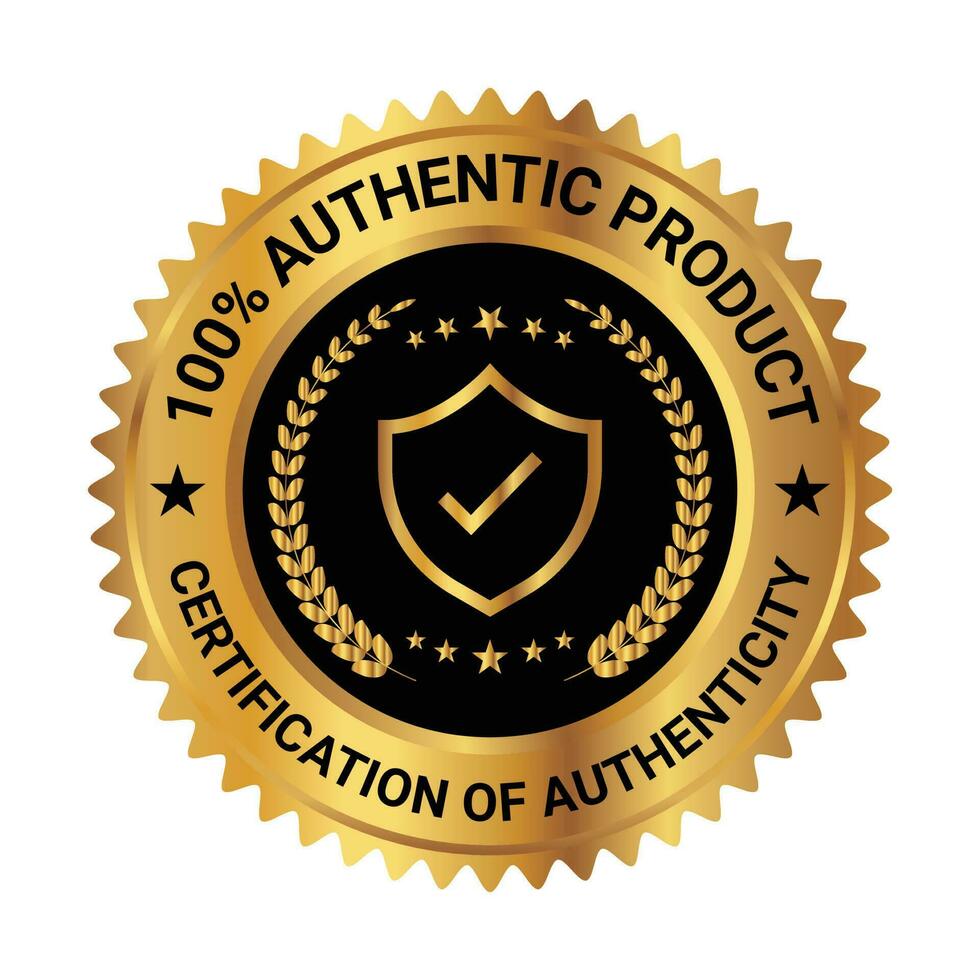 Certificación de autenticidad insignia, 100 porcentaje original producto estampilla, logo, pegatina, parche, redondo emblema, retro, antiguo, hipster vector ilustración