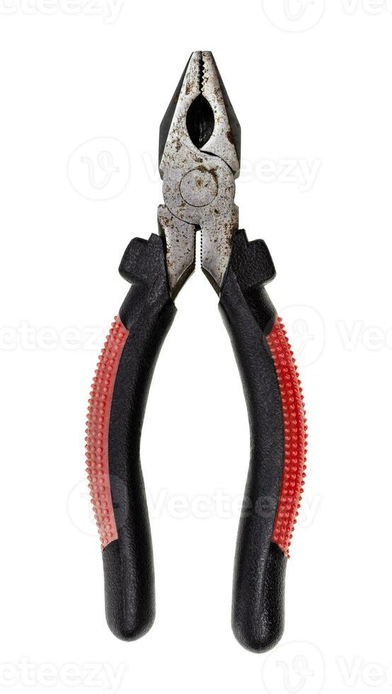 old pliers with red and black rubber handle cutout photo