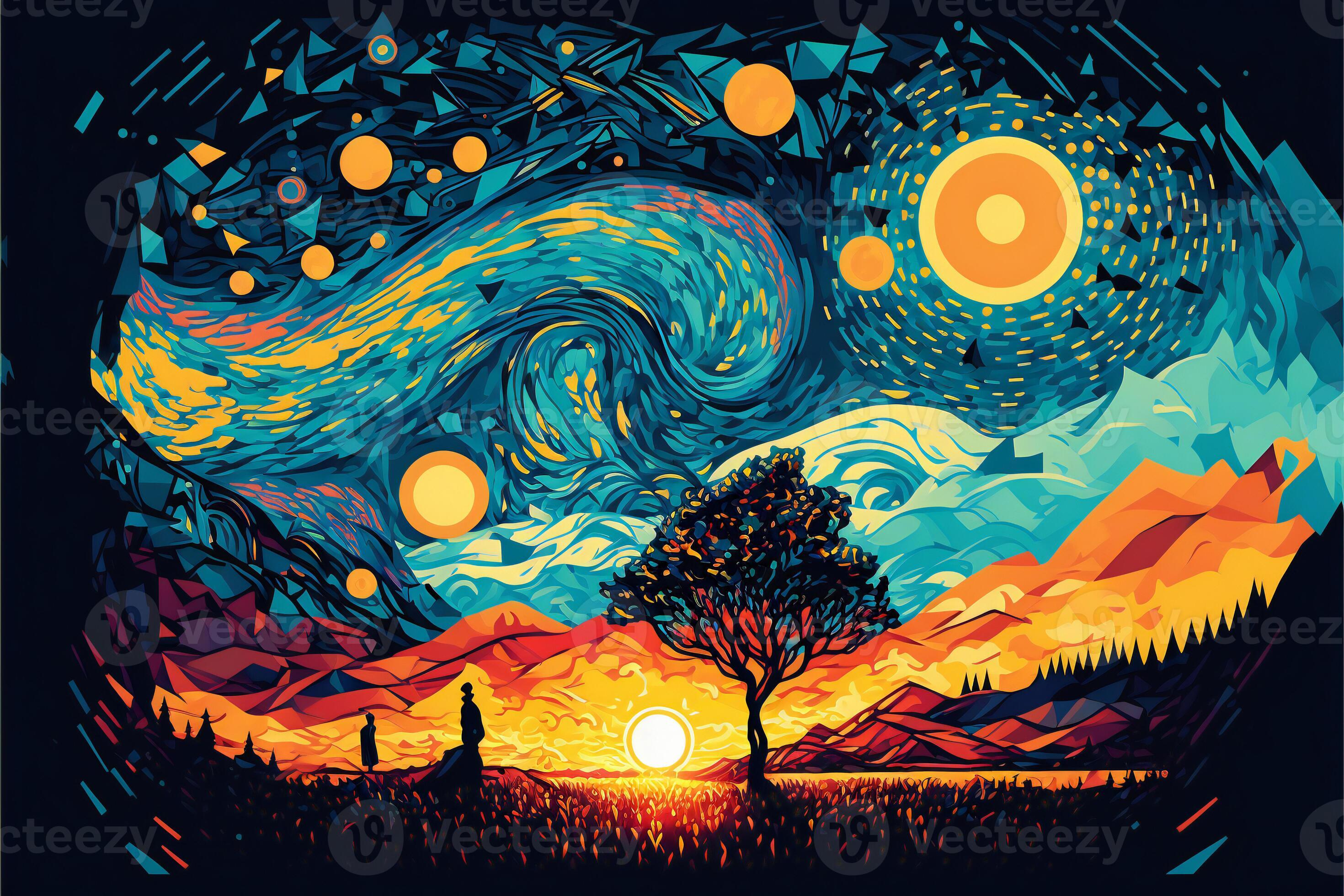 A Colorful Painting of a Landscape with Mountains, Trees
