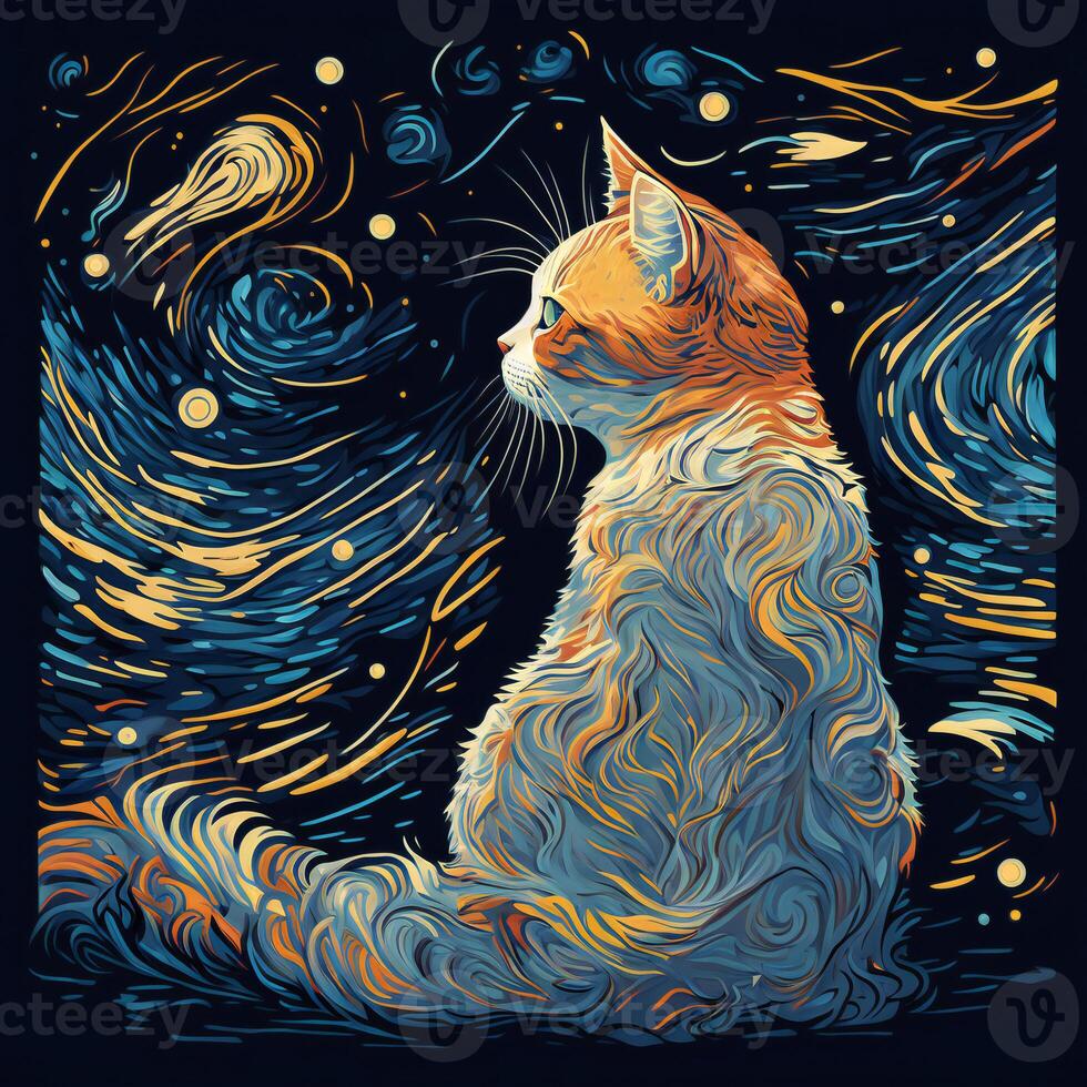 A Ginger Cat Sitting on the Background of the Night Sky and Looking at the Stars. Artistic Illustration in the Style of Van Gogh with Orange and Blue Color Scheme. photo