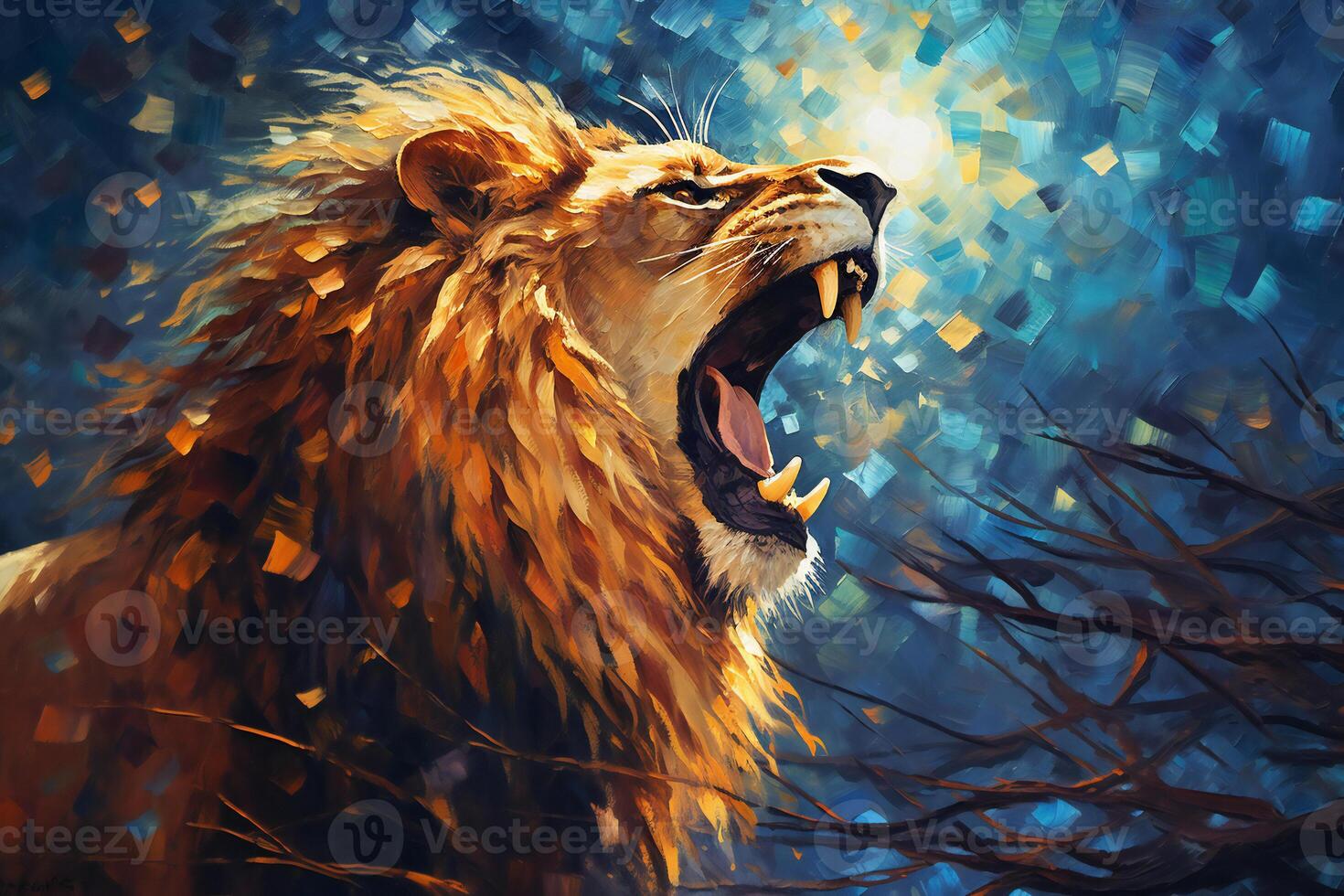 An Angry Lion with an Open Mouth and Sharp Teeth Roars in the Thicket of the Night Forest. Illustration in Bright Colors with Abstract Brush Strokes for Wall Art and Home Decor. photo