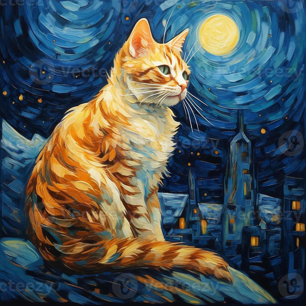 A Fluffy Red Cat Sits on a Hill under a Starry Sky and a Full Moon and Admires the City. Bright Illustration in Artistic Style for Wall Art and Home Decor. photo