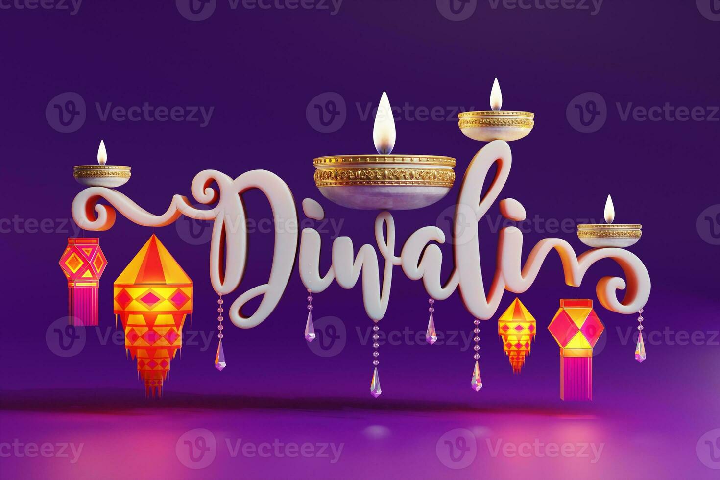 3d representación para diwali festival Día de la Independencia, deepavali o dipavali el festival de luces India con oro diya en podio, estampado y cristales en color antecedentes. foto