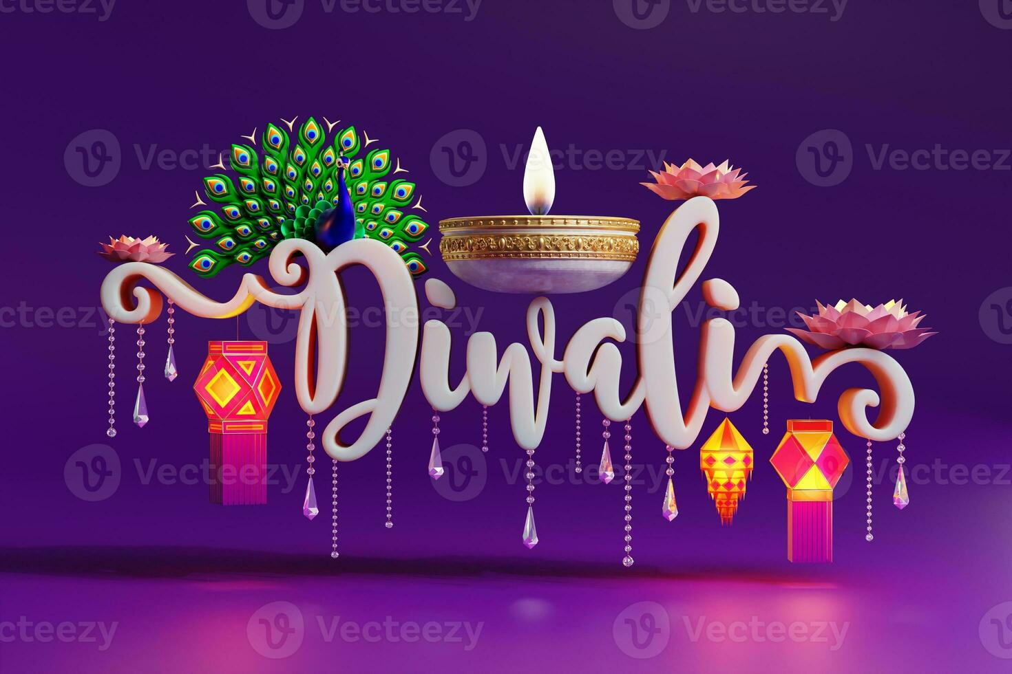 3D rendering for diwali festival Diwali, Deepavali or Dipavali the festival of lights india with gold diya on podium, patterned and crystals on color Background. photo