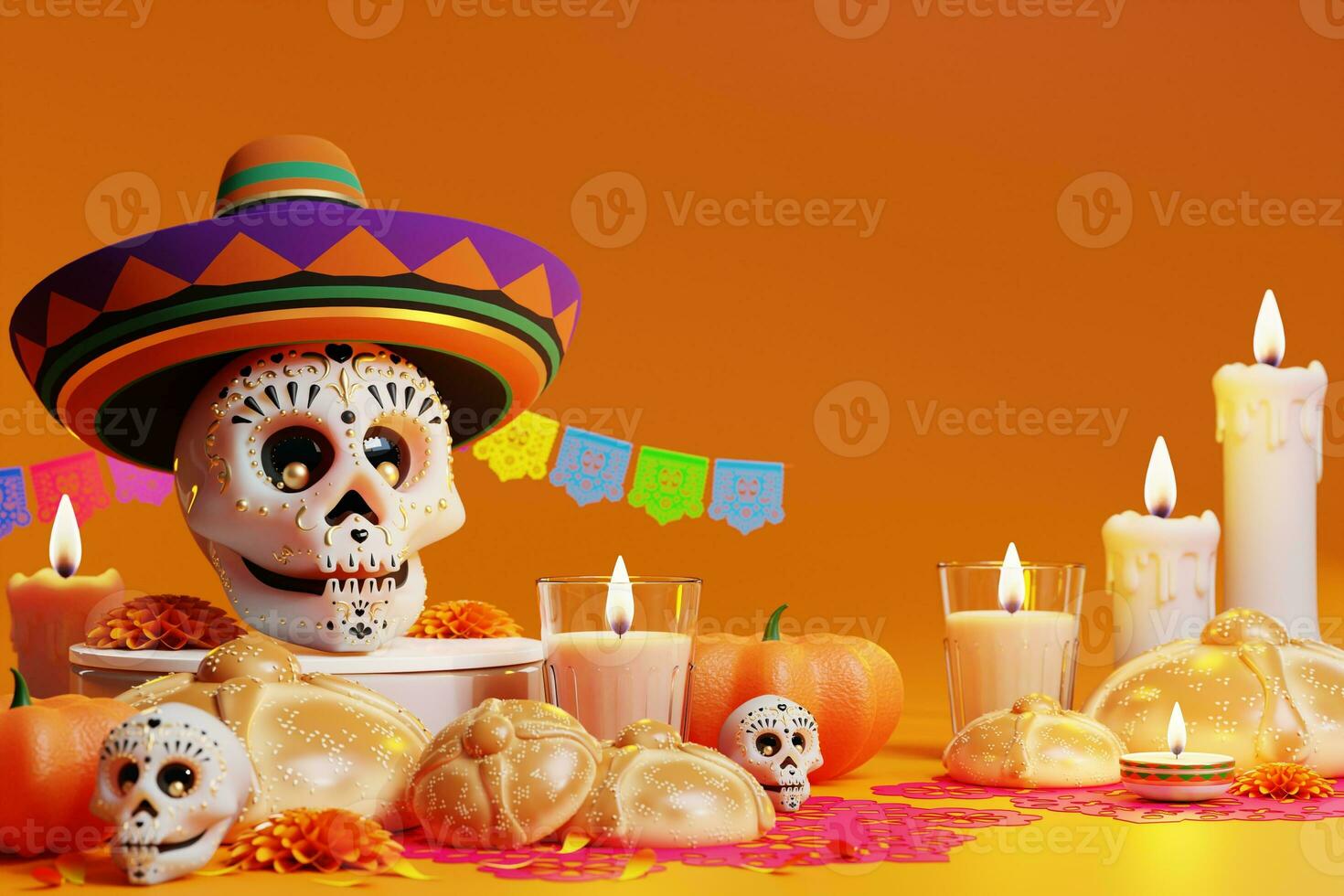 3D rendering for Day of the Dead, Dia de muertos altar concept. Composition of cute sugar skulls, white candles, marigold flowers, pan de muerto, cactus, guitar of the dead. 3d illustration photo