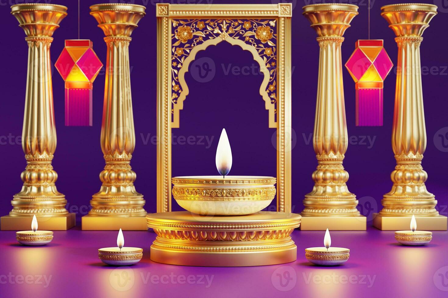 3D rendering for diwali festival Diwali, Deepavali or Dipavali the festival of lights india with gold diya on podium, patterned and crystals on color Background. photo