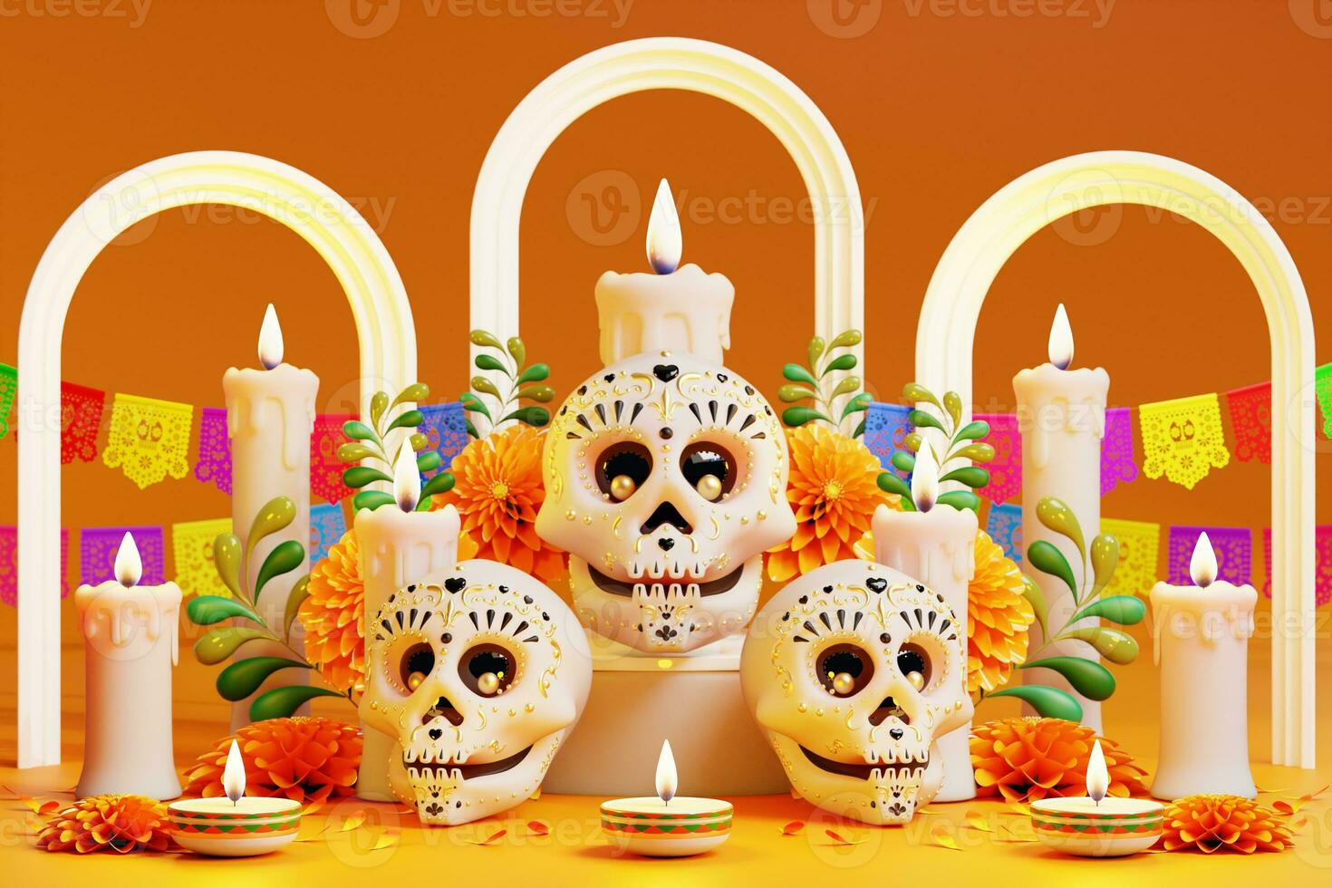 3d representación para día de el muerto, dia Delaware muertos altar concepto. composición de linda azúcar calaveras, blanco velas, maravilla flores, pan Delaware muerto, cactus, guitarra de el muerto. 3d ilustración foto