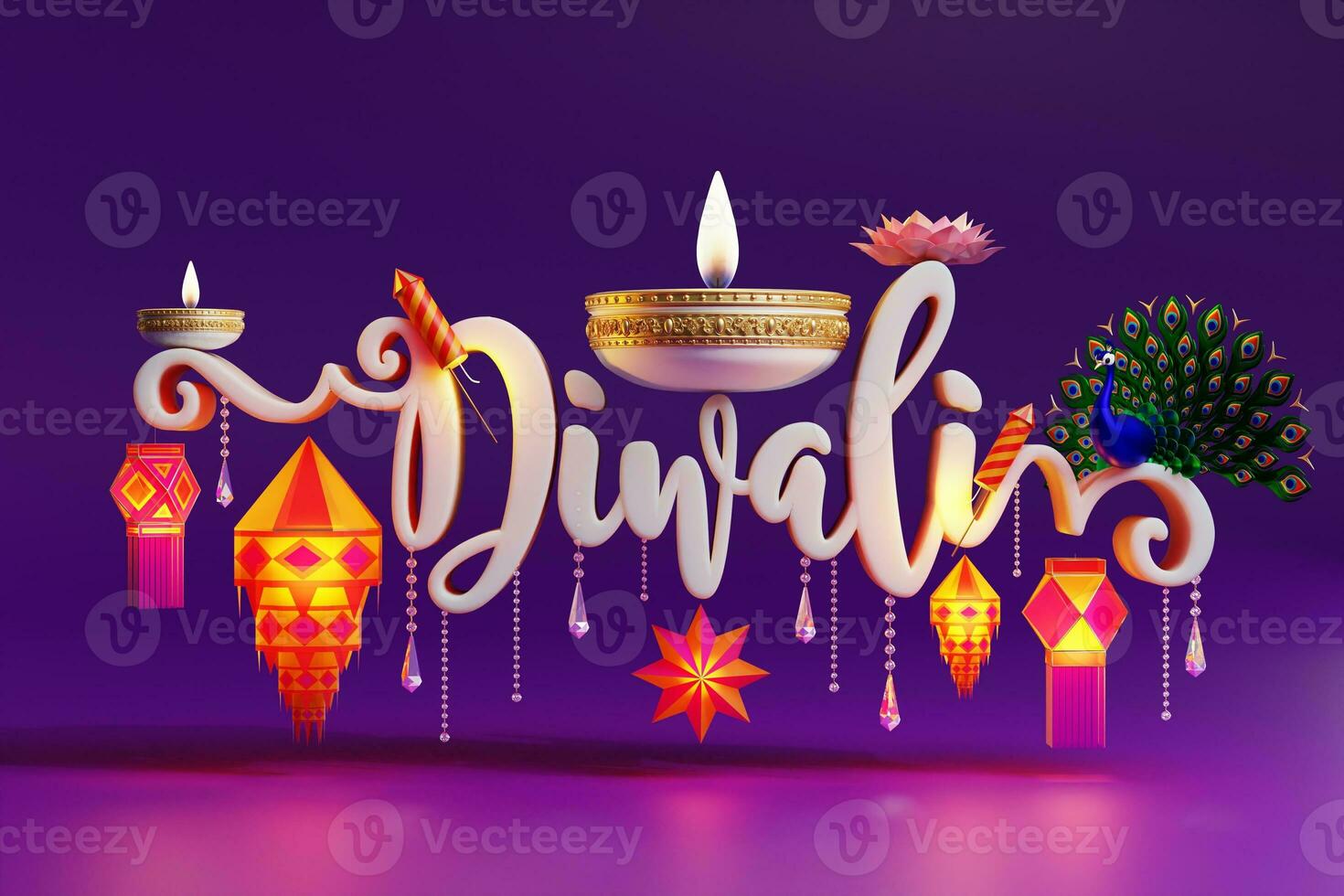 3D rendering for diwali festival Diwali, Deepavali or Dipavali the festival of lights india with gold diya on podium, patterned and crystals on color Background. photo