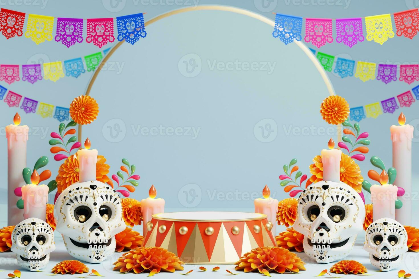 3d representación para día de el muerto, dia Delaware muertos altar concepto. composición de linda azúcar calaveras, blanco velas, maravilla flores, pan Delaware muerto, cactus, guitarra de el muerto. 3d ilustración foto