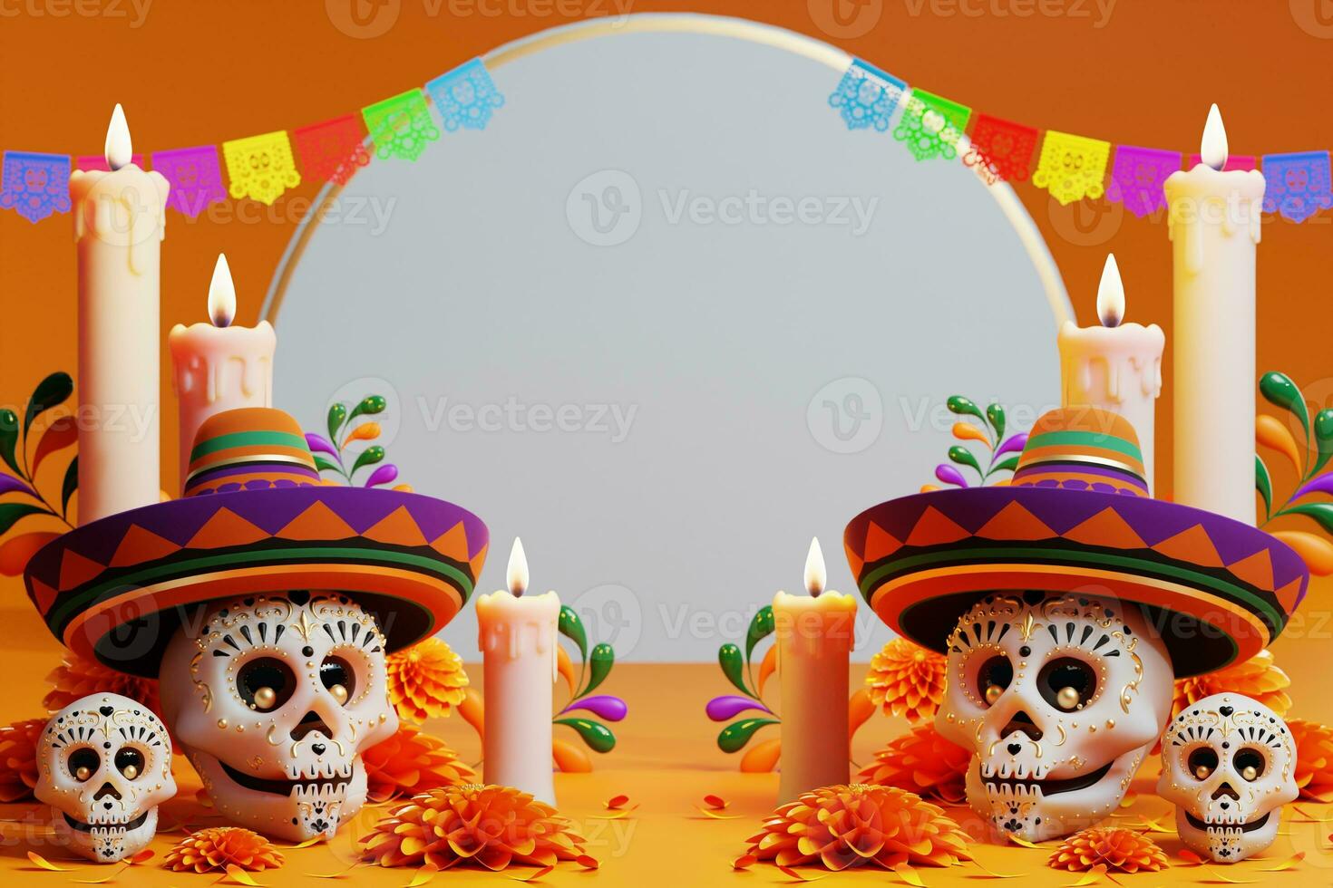 3d representación para día de el muerto, dia Delaware muertos altar concepto. composición de linda azúcar calaveras, blanco velas, maravilla flores, pan Delaware muerto, cactus, guitarra de el muerto. 3d ilustración foto