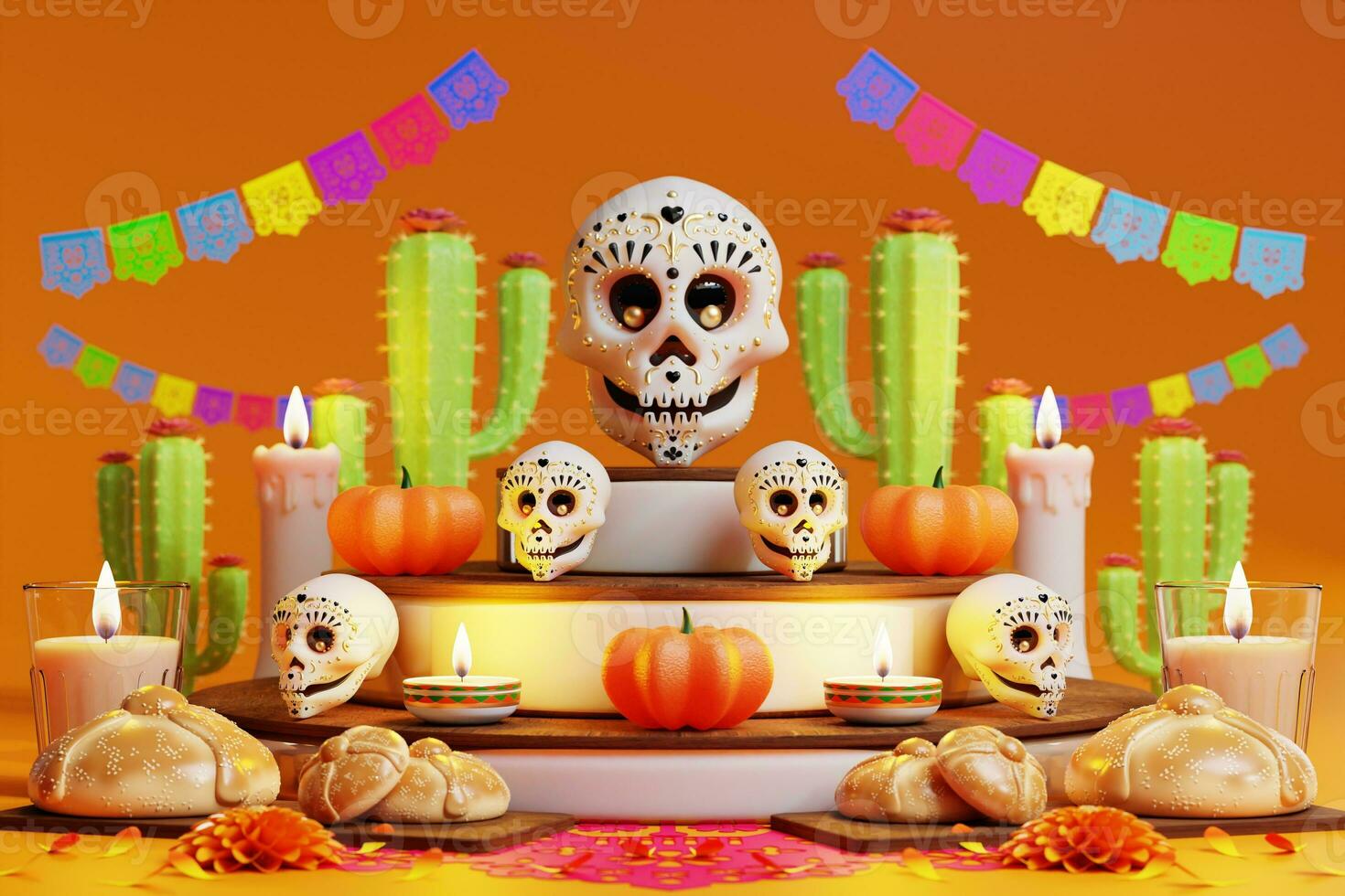 3D rendering for Day of the Dead, Dia de muertos altar concept. Composition of cute sugar skulls, white candles, marigold flowers, pan de muerto, cactus, guitar of the dead. 3d illustration photo