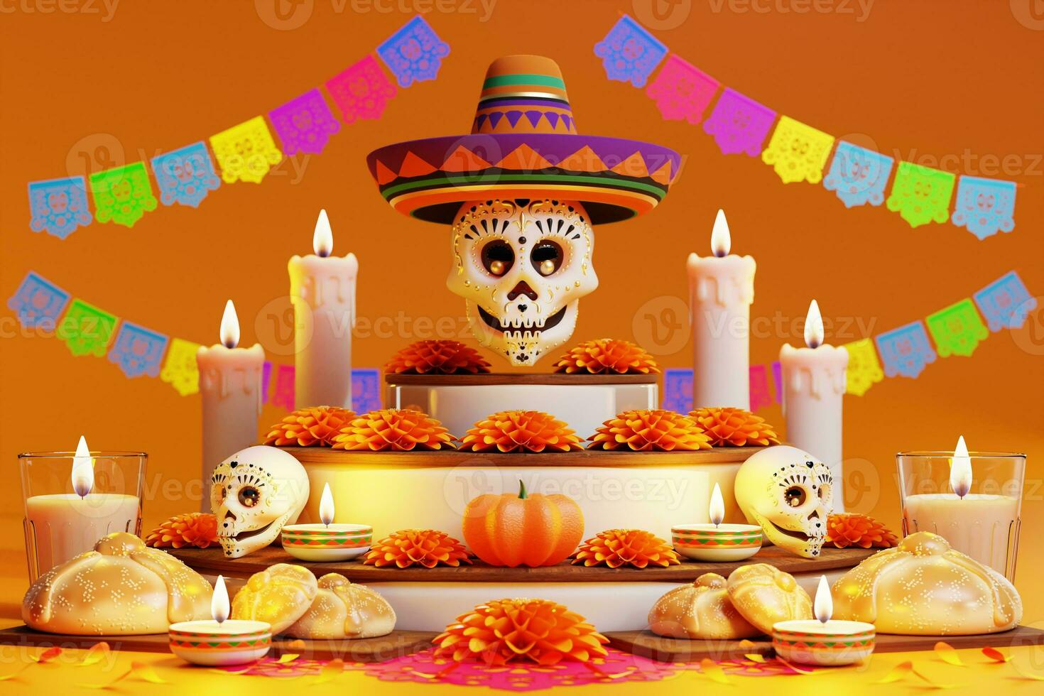 3d representación para día de el muerto, dia Delaware muertos altar concepto. composición de linda azúcar calaveras, blanco velas, maravilla flores, pan Delaware muerto, cactus, guitarra de el muerto. 3d ilustración foto