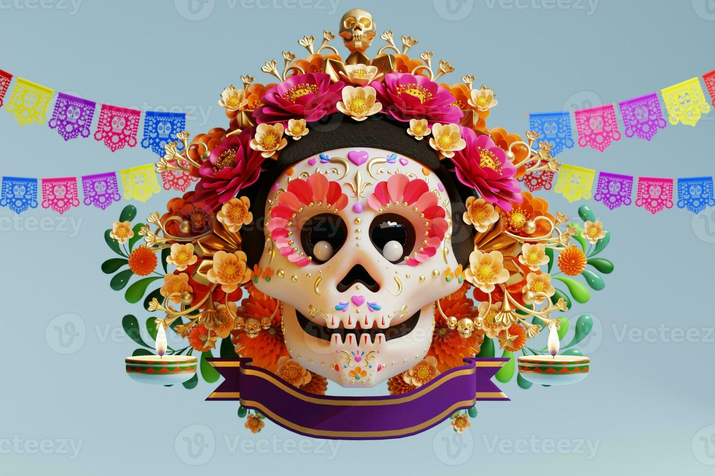 3D rendering for Day of the Dead, Dia de muertos altar concept. Composition of cute sugar skulls, white candles, marigold flowers, pan de muerto, cactus, guitar of the dead. 3d illustration photo