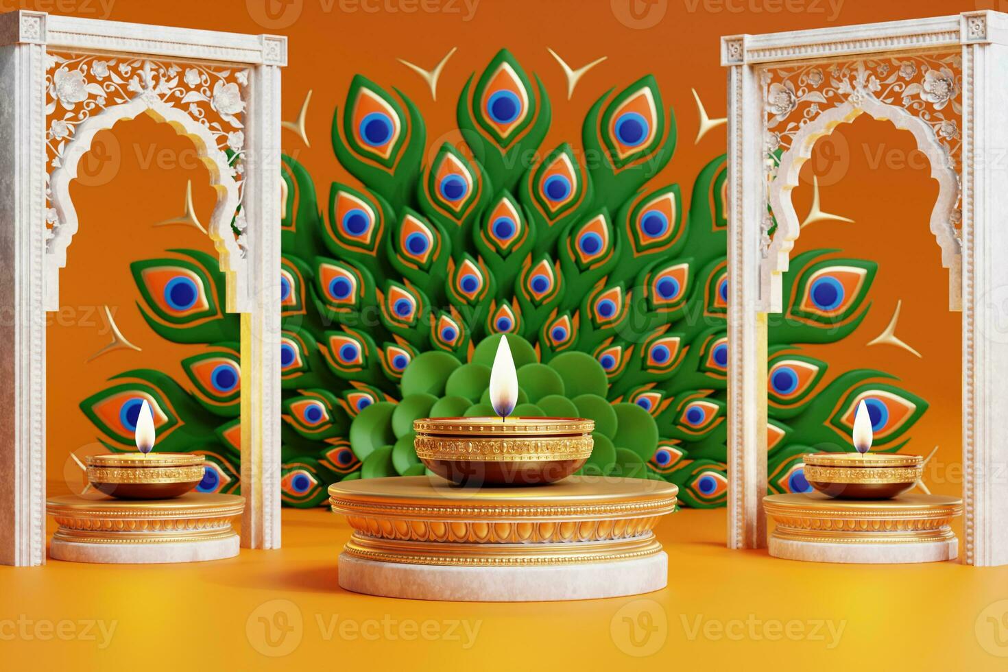 3D rendering for diwali festival Diwali, Deepavali or Dipavali the festival of lights india with gold diya on podium, patterned and crystals on color Background. photo