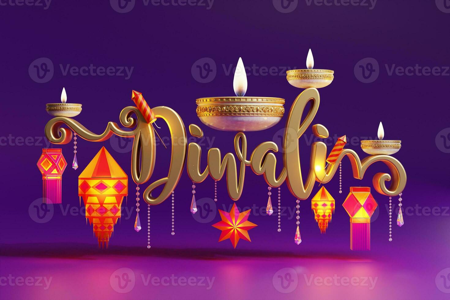 3D rendering for diwali festival Diwali, Deepavali or Dipavali the festival of lights india with gold diya on podium, patterned and crystals on color Background. photo