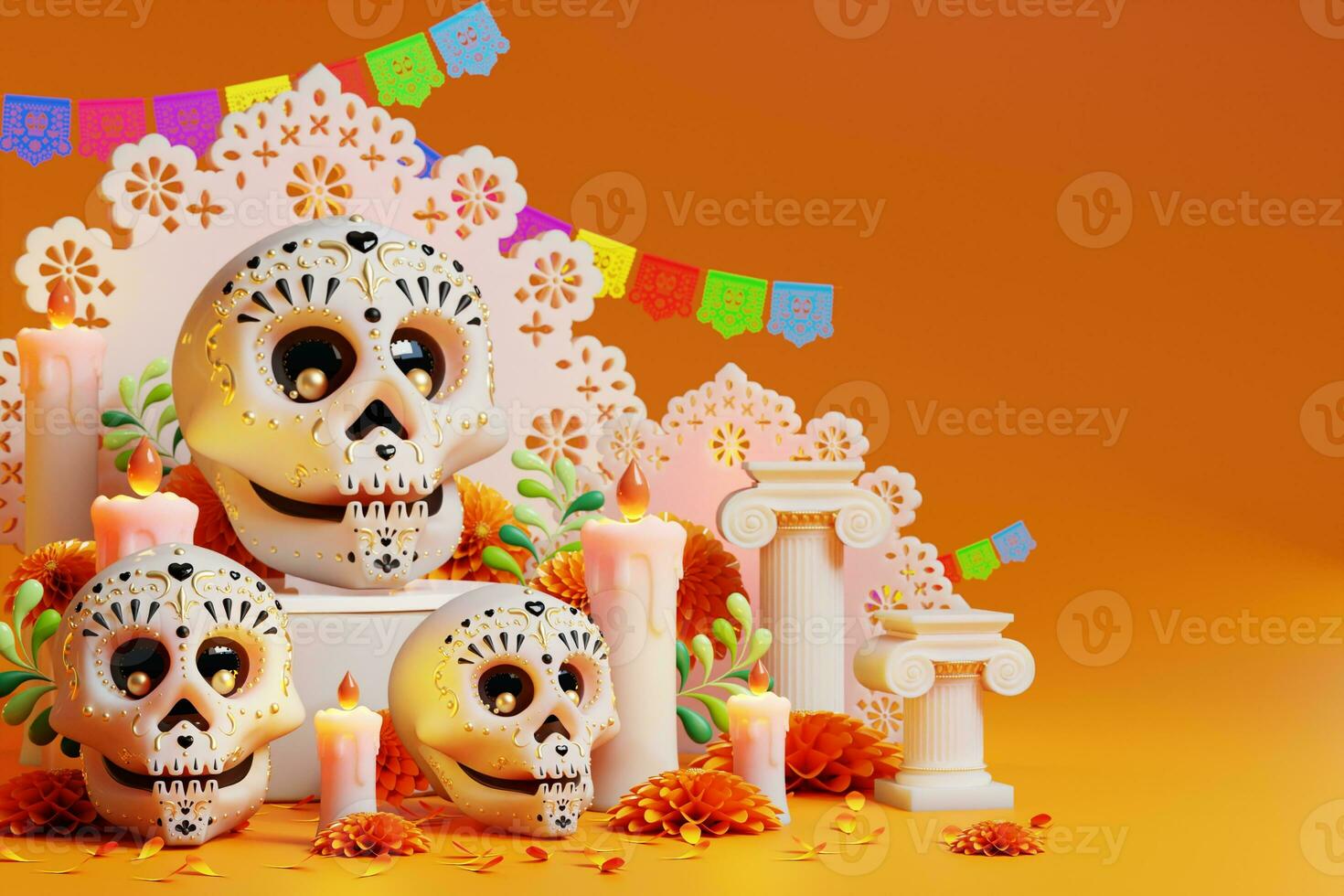 3D rendering for Day of the Dead, Dia de muertos altar concept. Composition of cute sugar skulls, white candles, marigold flowers, pan de muerto, cactus, guitar of the dead. 3d illustration photo