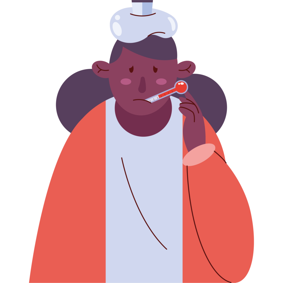 afro woman sick with thermometer png