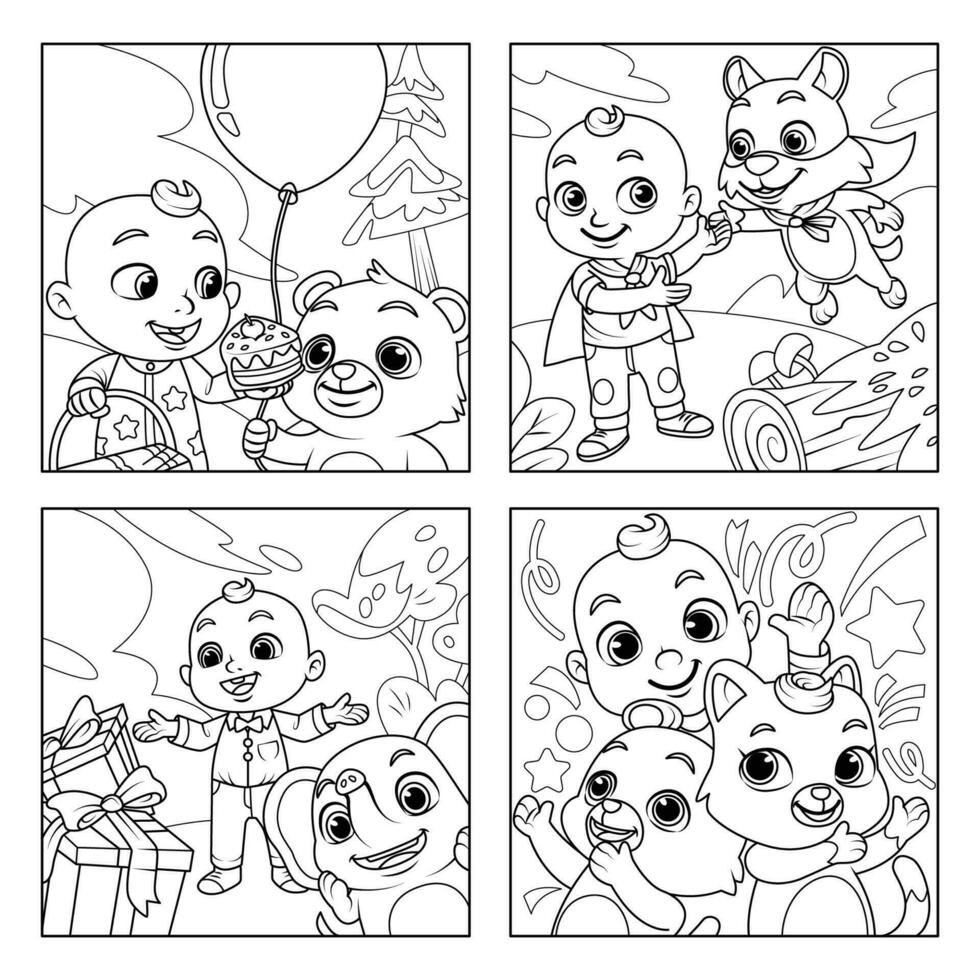 A Toddler And His Friends In Various Activities for Coloring Book Pages vector