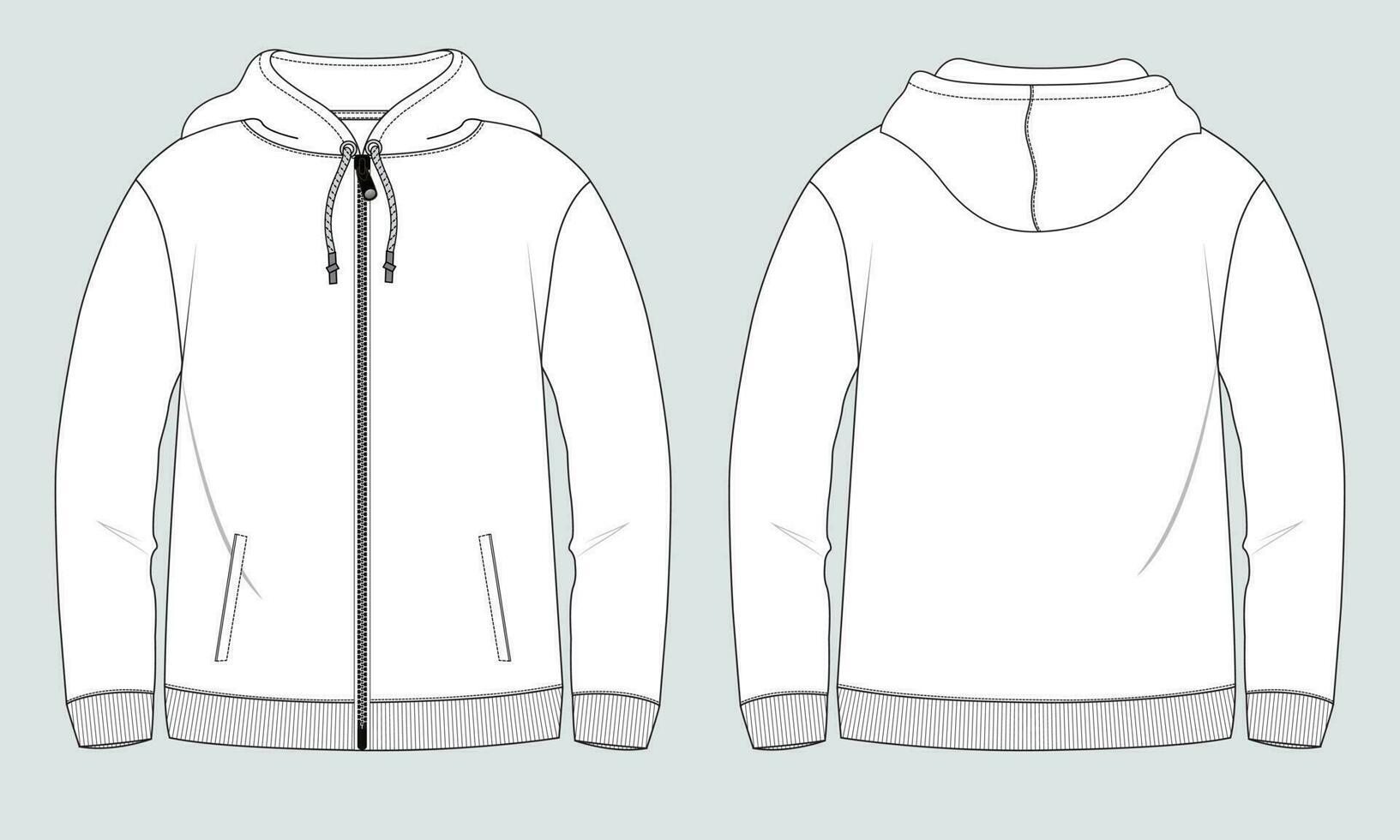 Long sleeve hoodie technical drawing fashion flat sketch vector illustration template front and back views