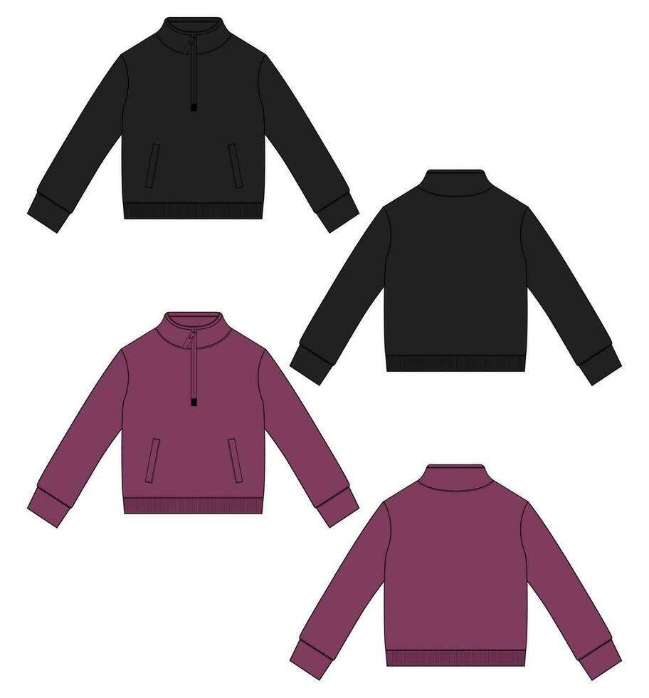 Long sleeve jacket with pocket and zipper technical fashion flat sketch vector illustration black and purple color template front and back views. Fleece jersey sweatshirt jacket for men's and boys.