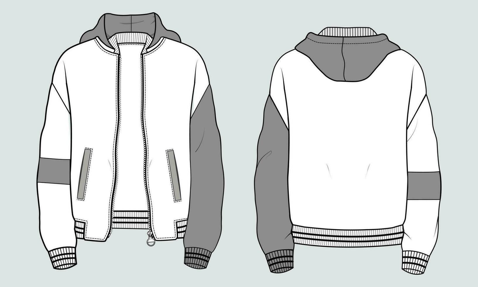 Long sleeve hoodie technical drawing fashion flat sketch vector illustration template front and back views