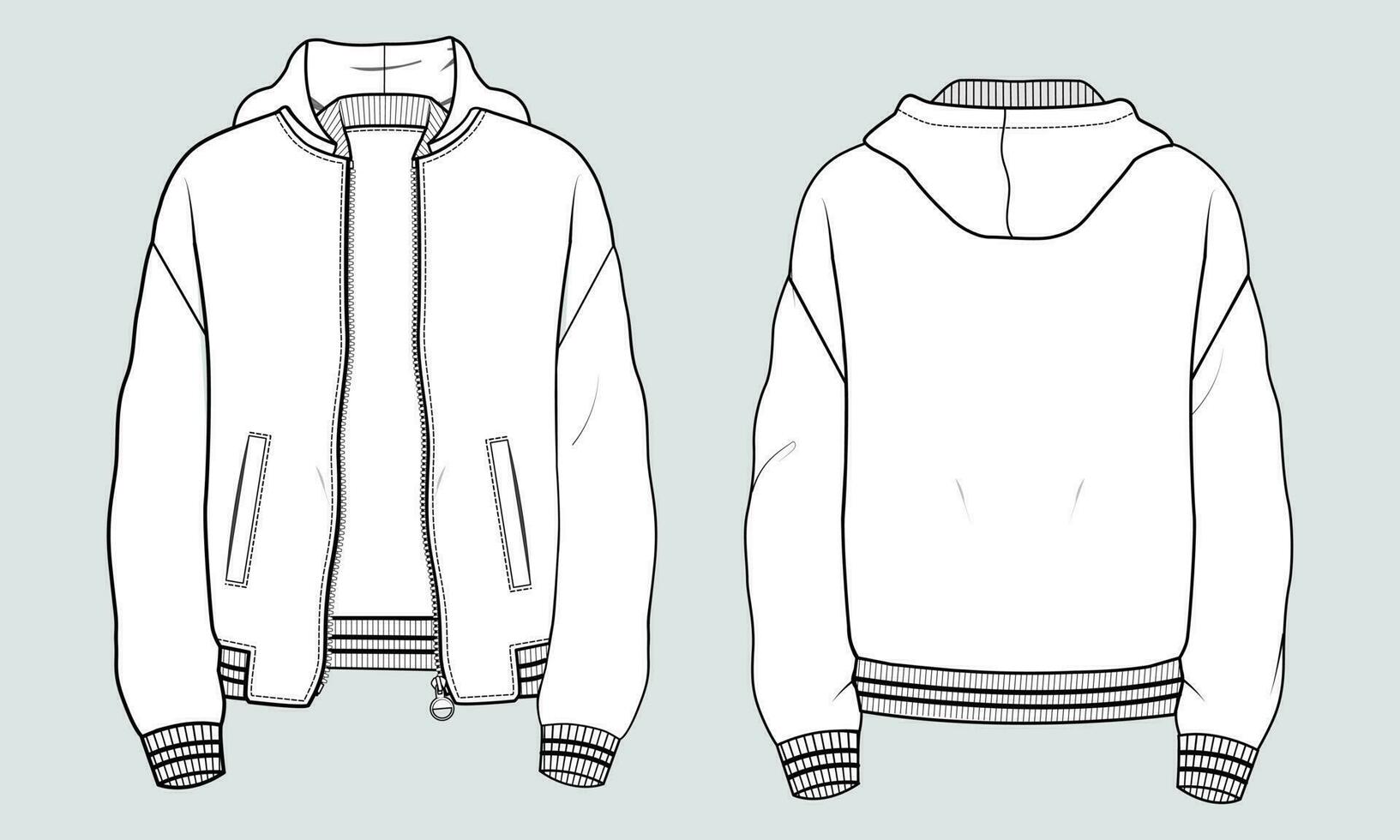 Long sleeve hoodie technical drawing fashion flat sketch vector illustration template front and back views