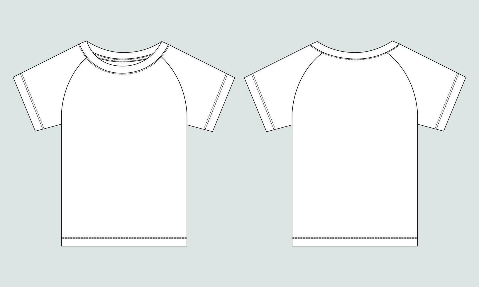 corto manga raglán t camisa técnico Moda plano bosquejo vector ilustración modelo frente, espalda puntos de vista aislado apagado blanco antecedentes. básico vestir diseño burlarse de arriba.