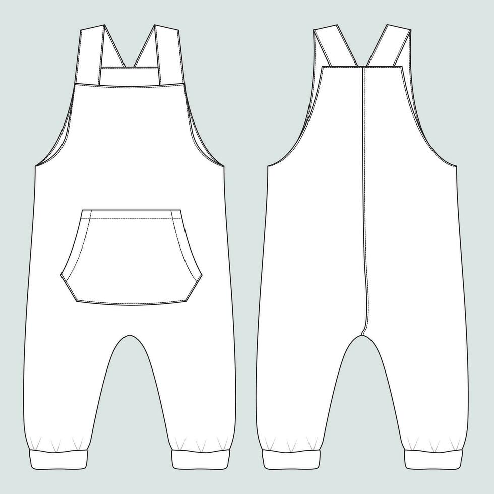 All in one dungaree bodysuit technical drawing fashion flat sketch vector illustration template for kids