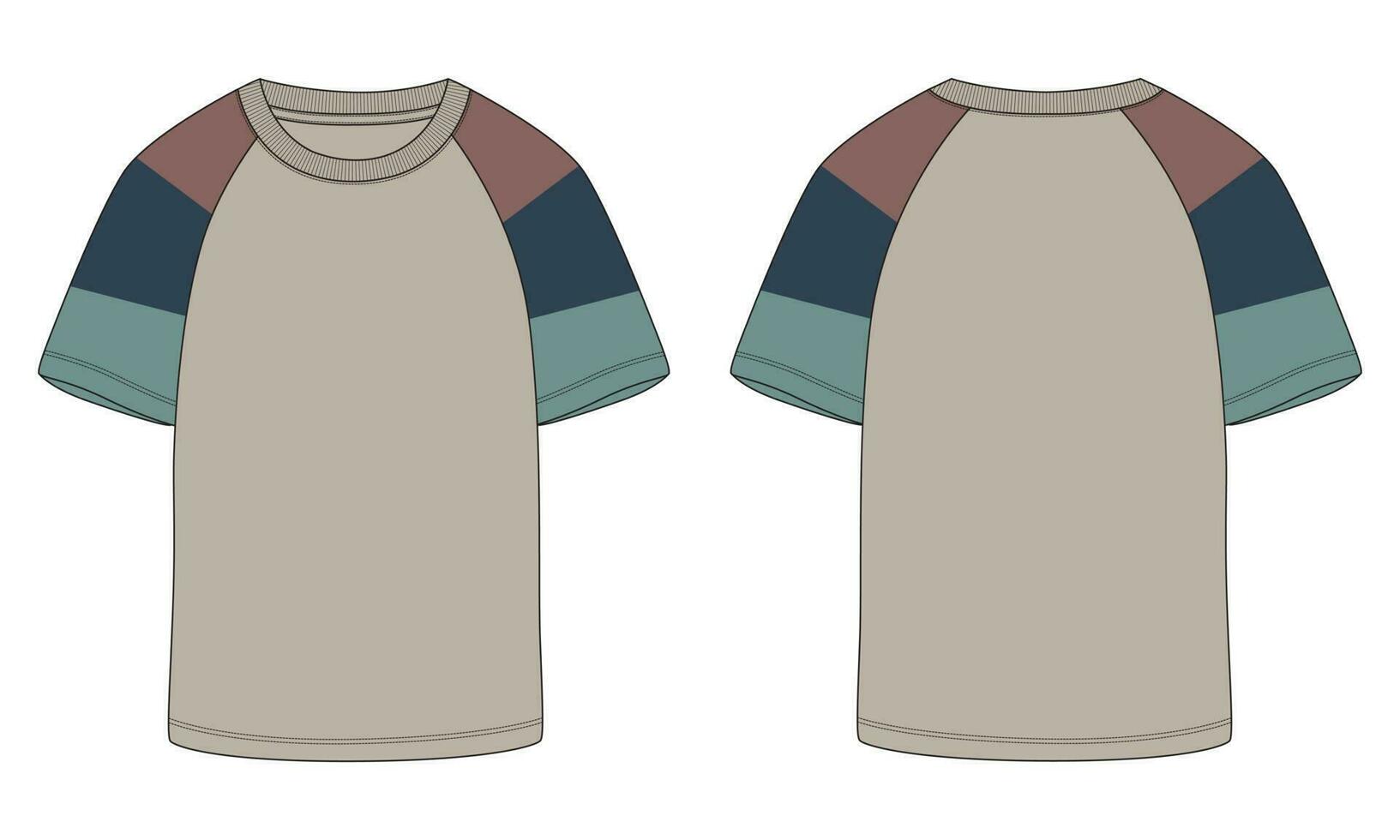 raglán corto manga t camisa vector ilustración caqui color modelo frente y espalda puntos de vista aislado en blanco antecedentes