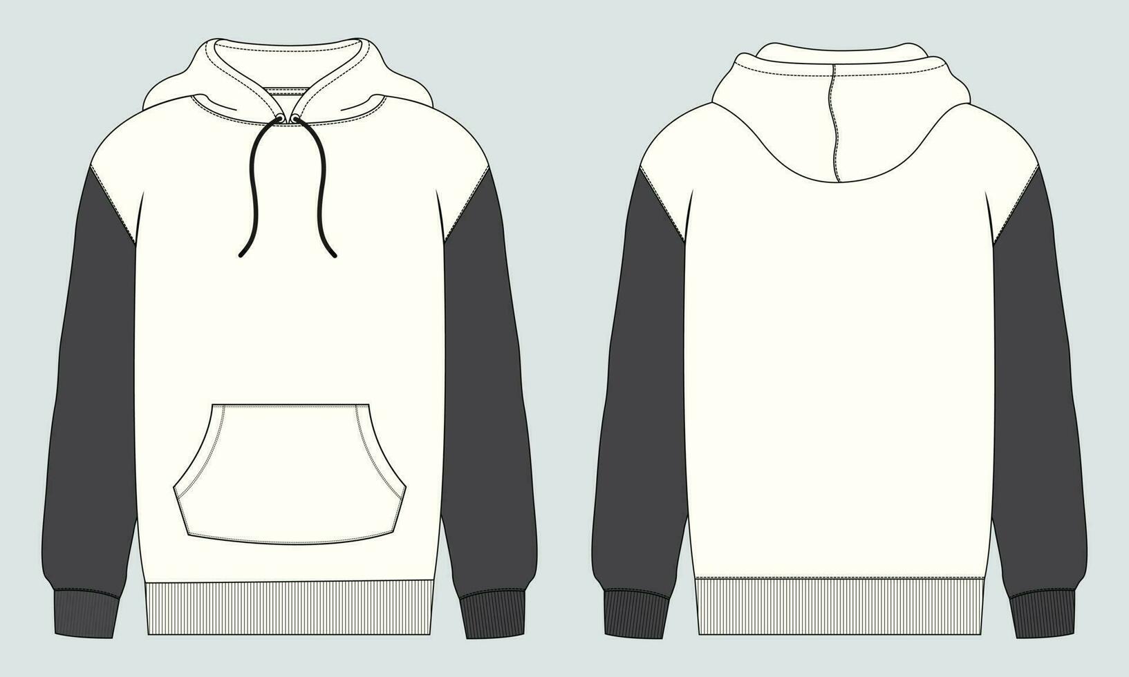 Two tone color Long sleeve hoodie vector illustration template front and back views