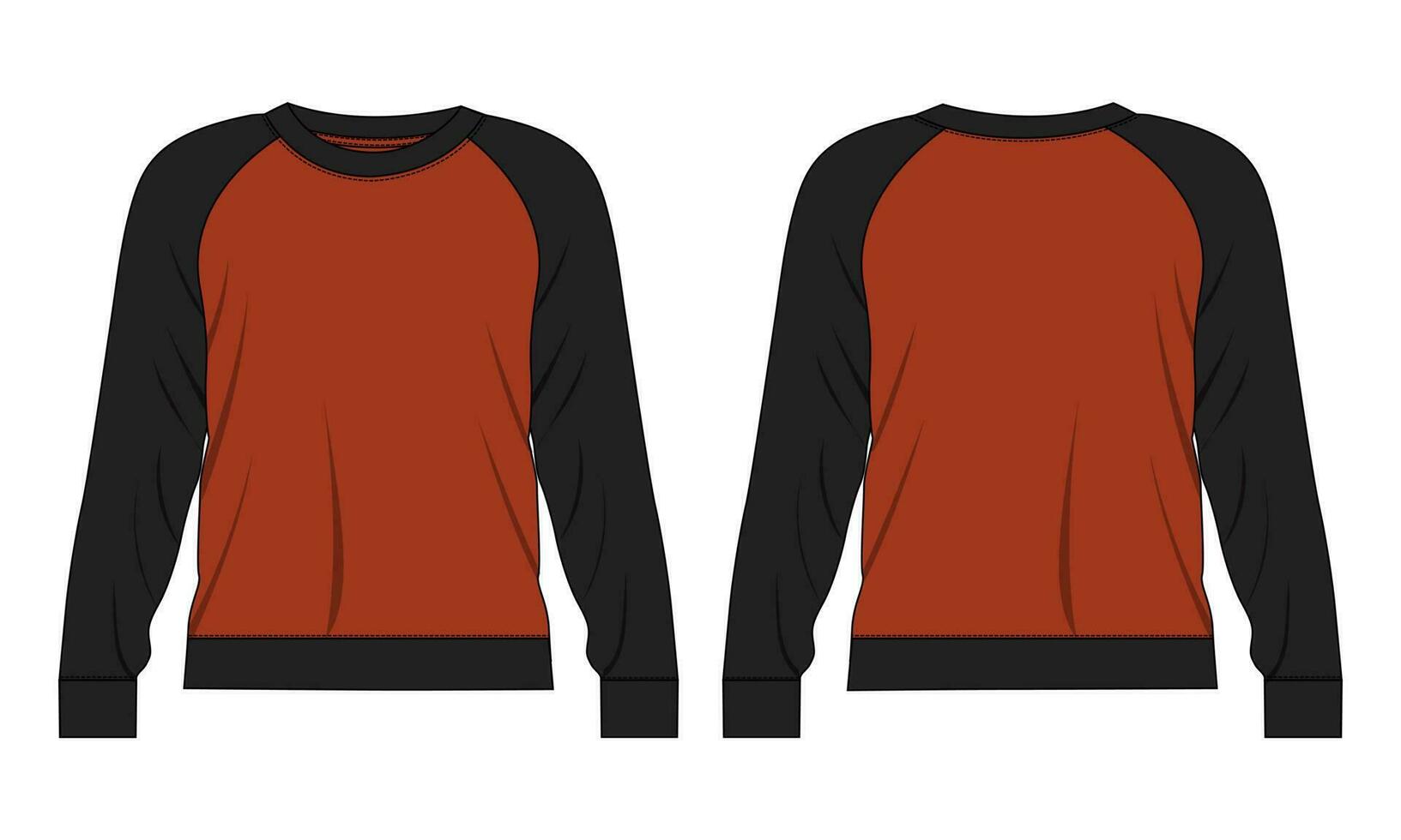 Two tone raglan Long sleeve sweatshirt vector illustration template front and back views isolated on white background