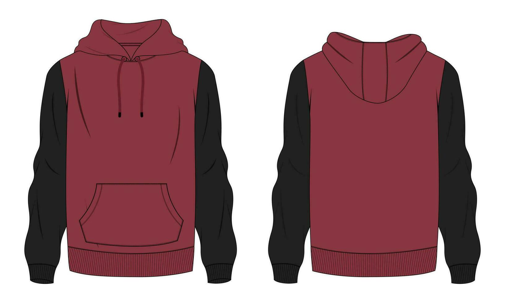 Two tone Color Long sleeve hoodie technical drawing fashion flat sketch vector illustration template front and back views