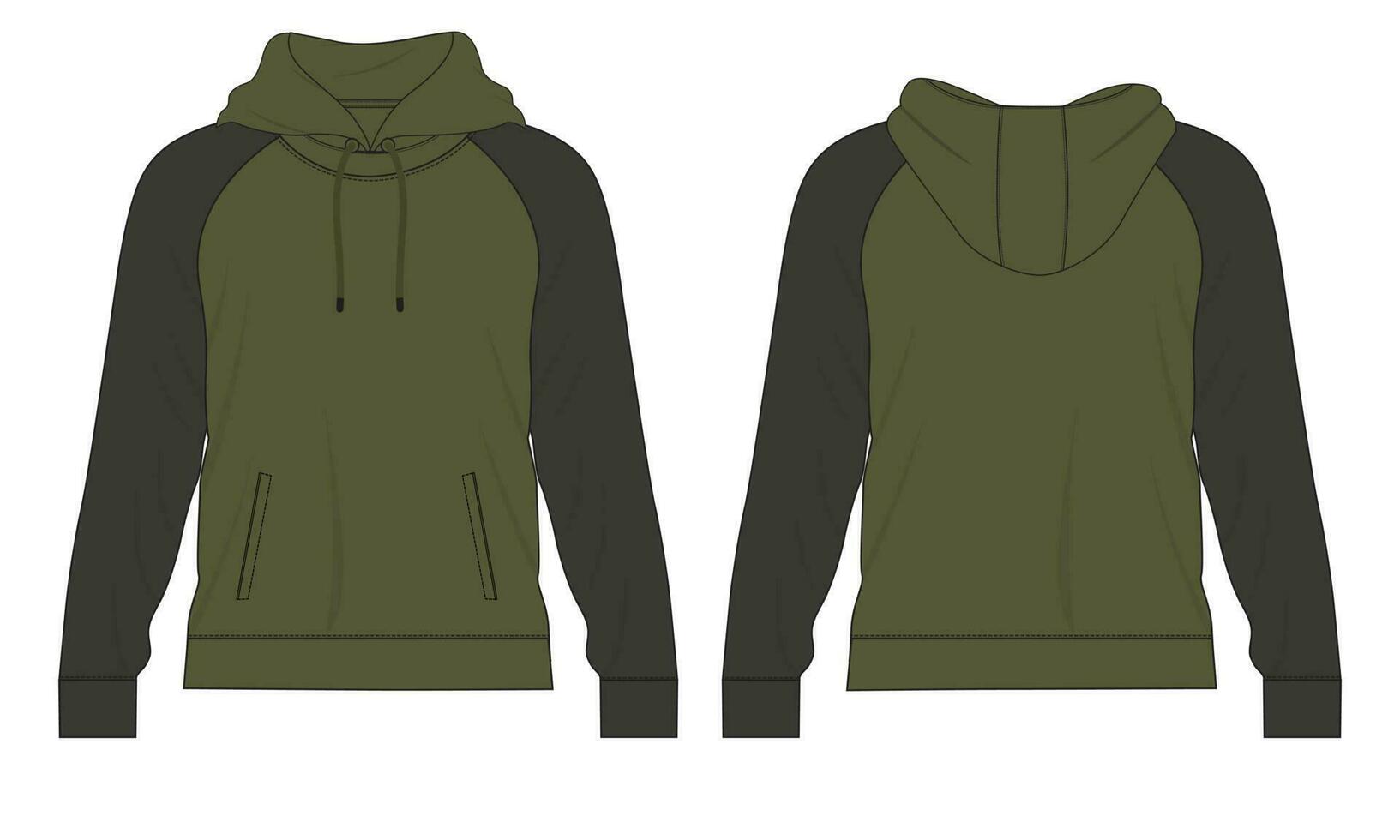 Two tone Color Long sleeve hoodie technical drawing fashion flat sketch vector illustration template front and back views