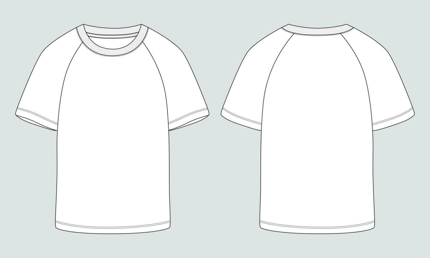 corto manga raglán t camisa técnico Moda plano bosquejo vector ilustración modelo frente, espalda puntos de vista aislado apagado blanco antecedentes. básico vestir diseño burlarse de arriba.