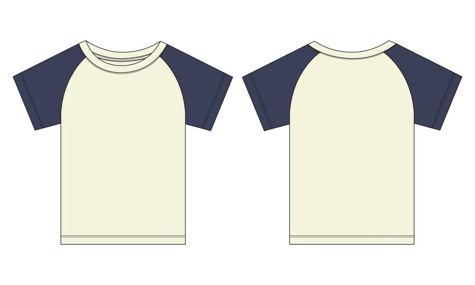 Short sleeve Raglan T shirt technical fashion flat sketch vector Illustration template front, back views isolated Off white Background. Basic apparel Design Mock up.