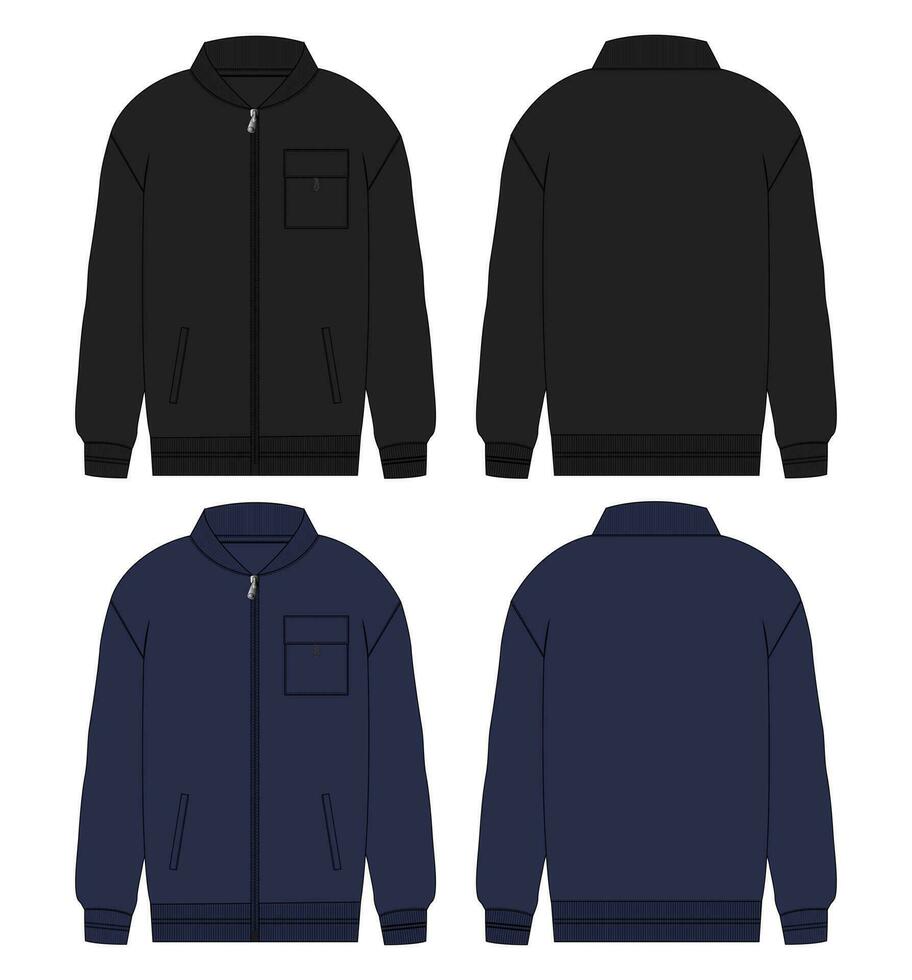 Black and navy color Sweatshirt jacket vector illustration template front and back views