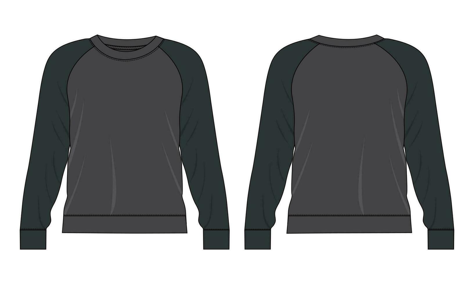 Two tone raglan Long sleeve sweatshirt vector illustration template front and back views isolated on white background