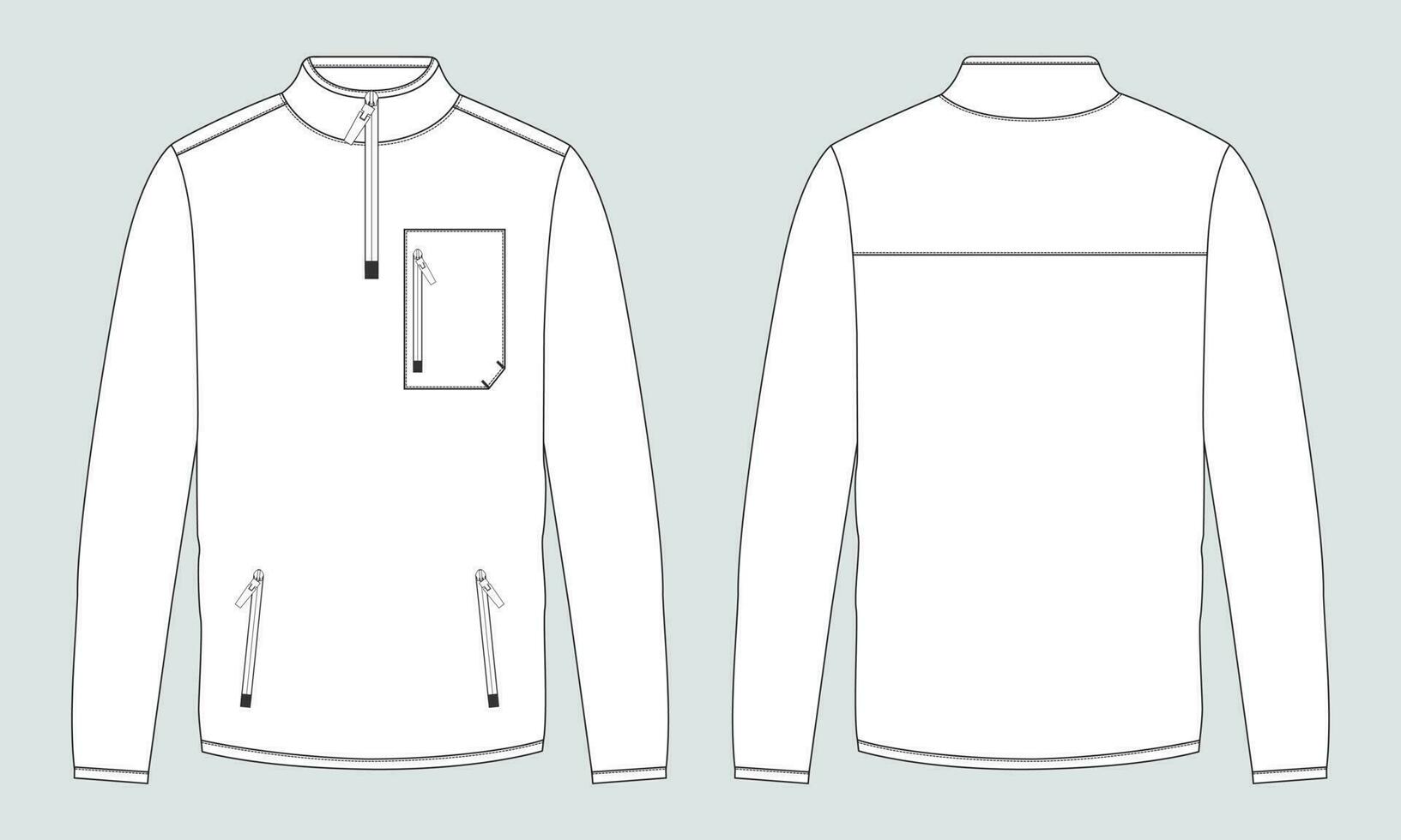 chaqueta de manga larga con bolsillo y cremallera vista frontal y posterior de la plantilla de ilustración vectorial de boceto plano de moda técnica. Chaqueta tipo sudadera de tejido polar para hombre y niño. vector