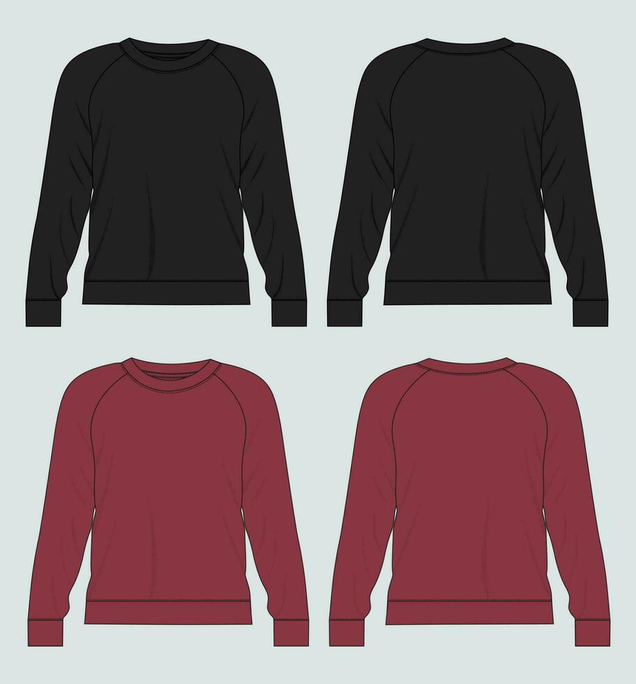 Long sleeve sweatshirt technical drawing fashion flat sketch vector illustration black and Red color template front and back views