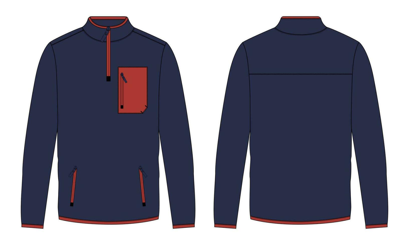 Long sleeve jacket with pocket and zipper vector illustration navy color template front and back views. Fleece jersey sweatshirt jacket for men's and boys.