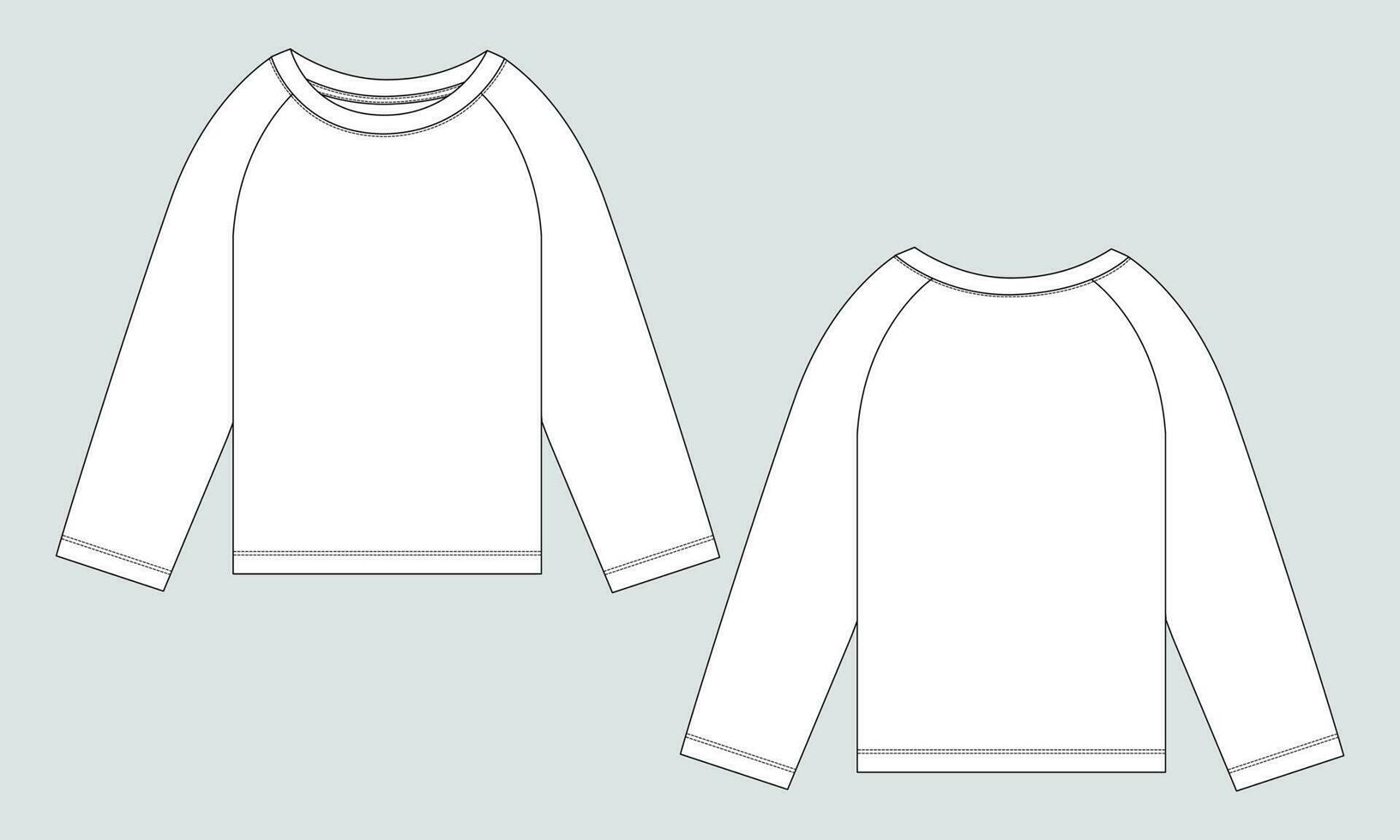 Raglan Long Sleeve T shirt technical drawing fashion flat sketch Vector illustration template Front And back views