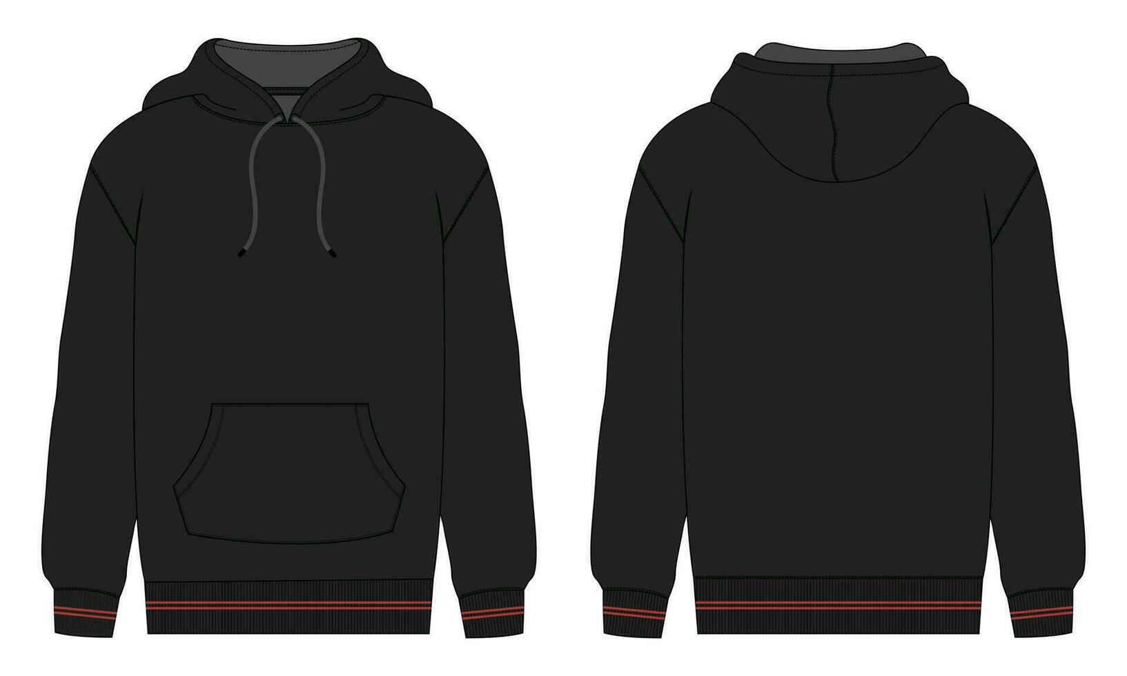 Long sleeve hoodie vector illustration black color template front and back views