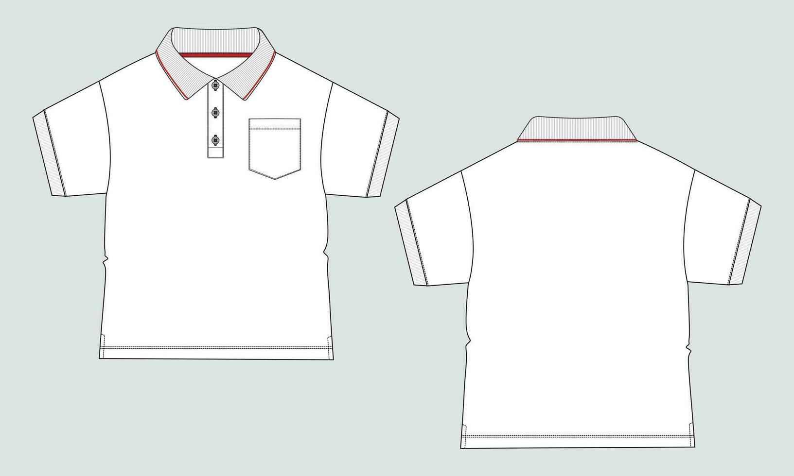 Short sleeve with pocket polo shirt technical drawing fashion flat sketch vector illustration template for kids