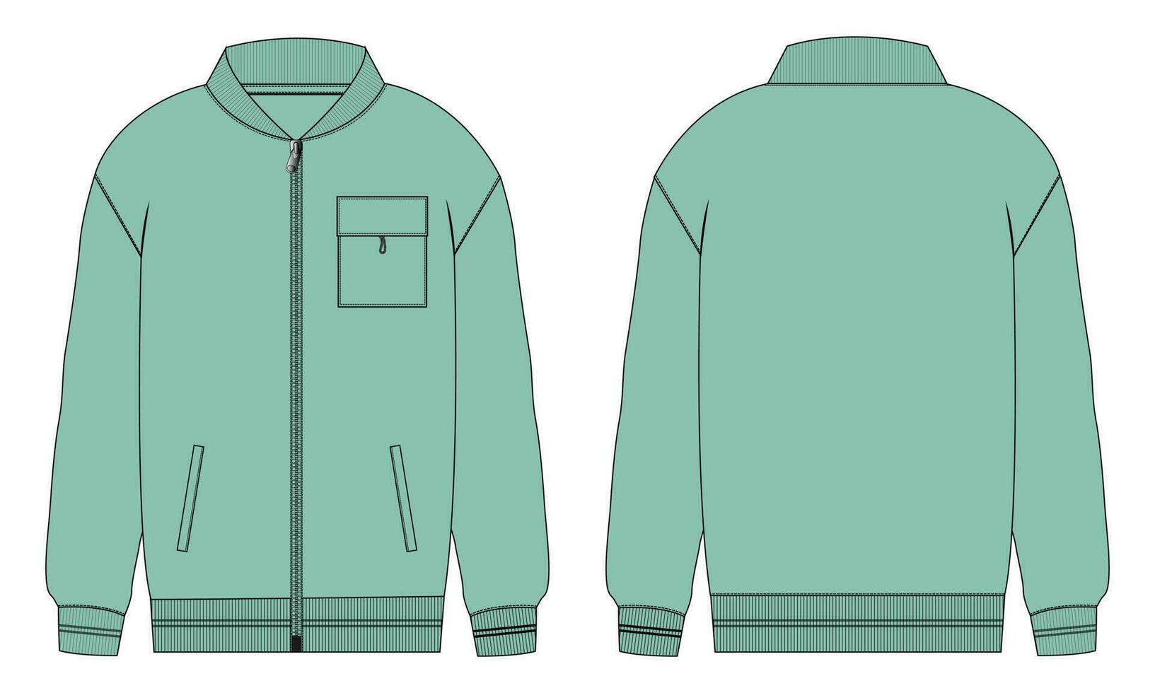 Long sleeve jacket technical drawing fashion flat sketch vector illustration green template front and back views