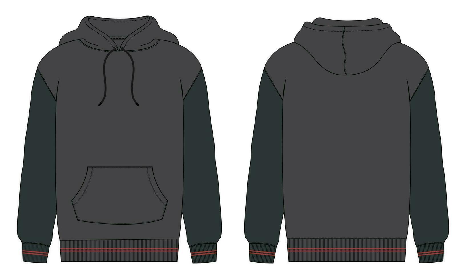 Two tone color Long sleeve hoodie vector illustration template front and back views