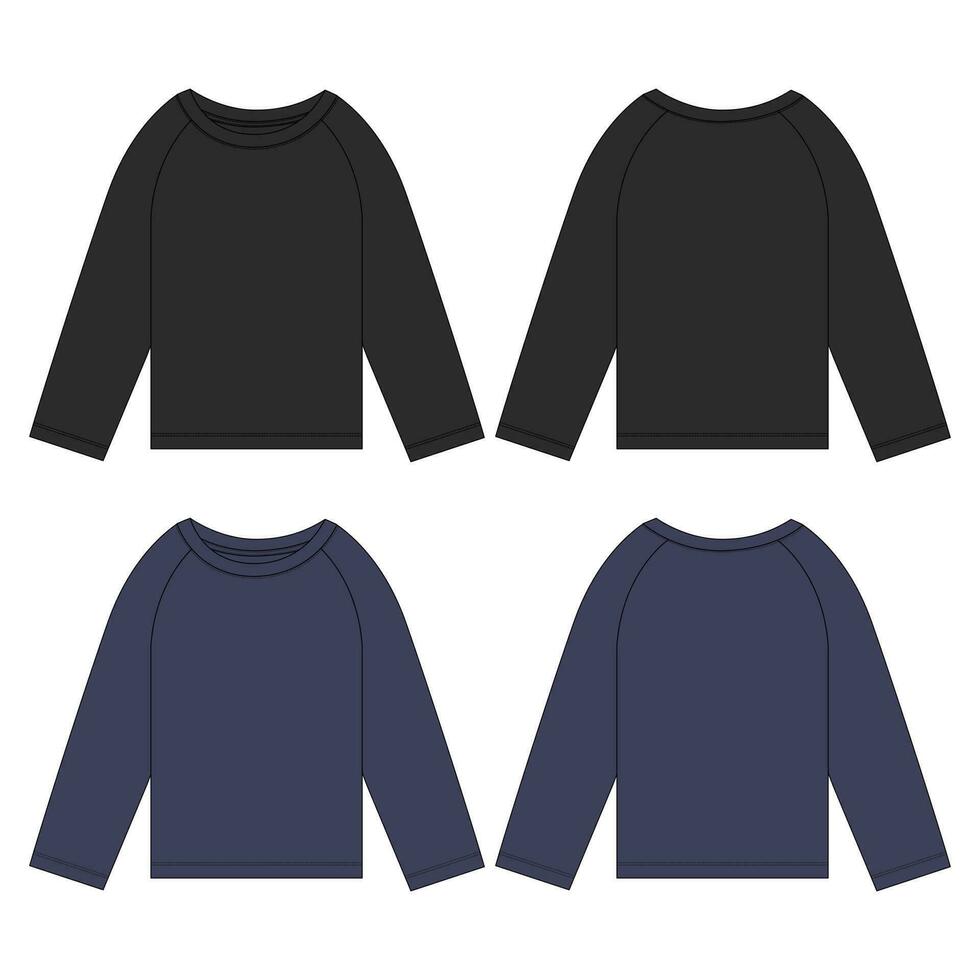 Black and navy color Raglan Long Sleeve T shirt technical drawing fashion flat sketch Vector illustration template Front And back views