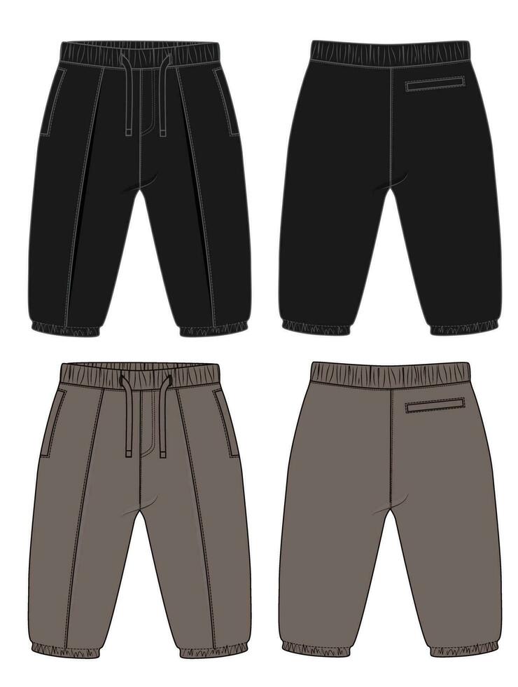 Fleece cotton jersey basic Sweat pant technical drawing fashion flat sketch template front and back views. Apparel jogger pants vector illustration Black and Khaki color mock up for kids and boys.